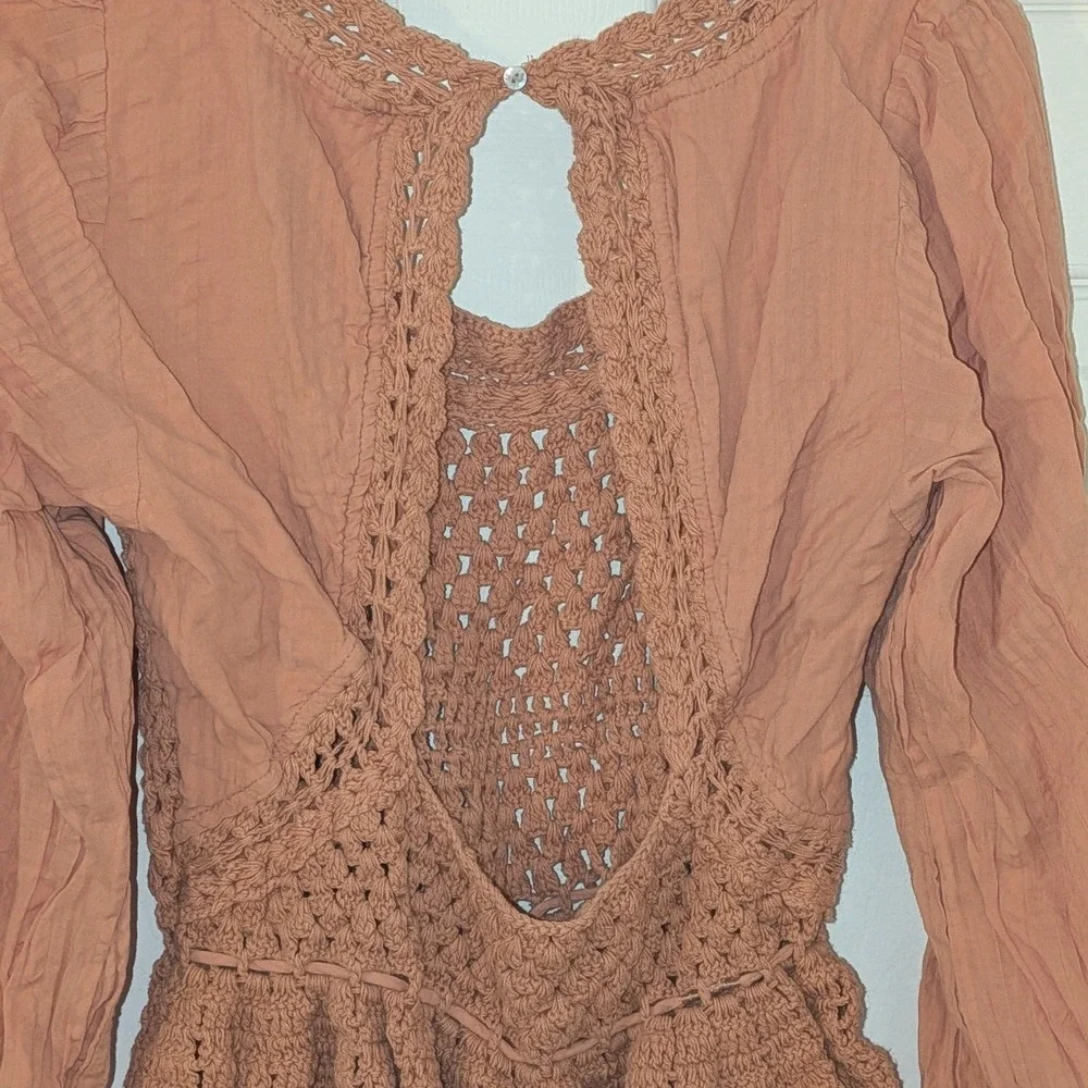 Free People Megan Crochet Open Back Peplum Top Long Sleeve Boho Small‎